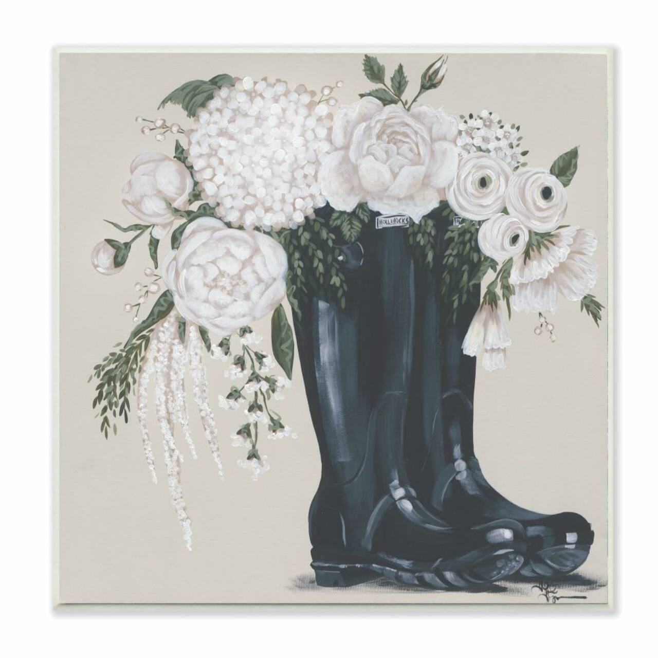 Stupell Industries White Flowers in Black Boots Wooden Wall Plaque